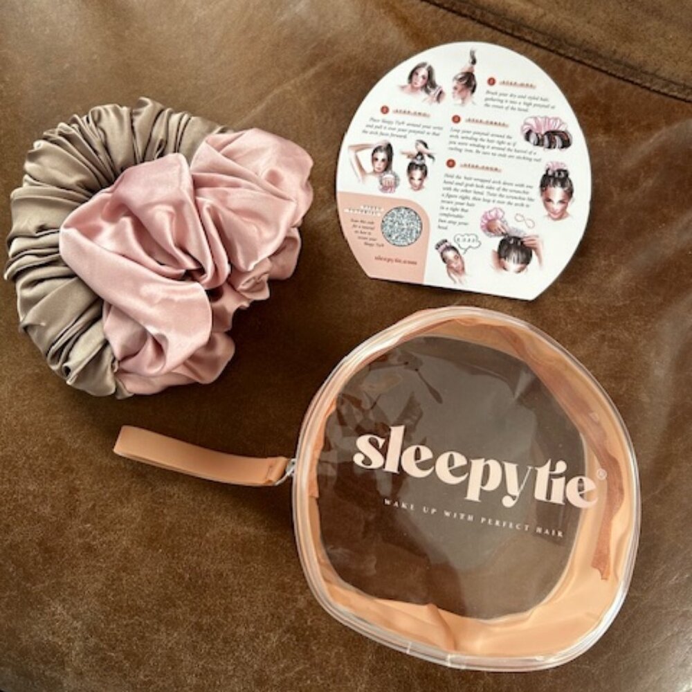 "Sleepy Tie" satin scrunchie (pink/tan) SMALL size